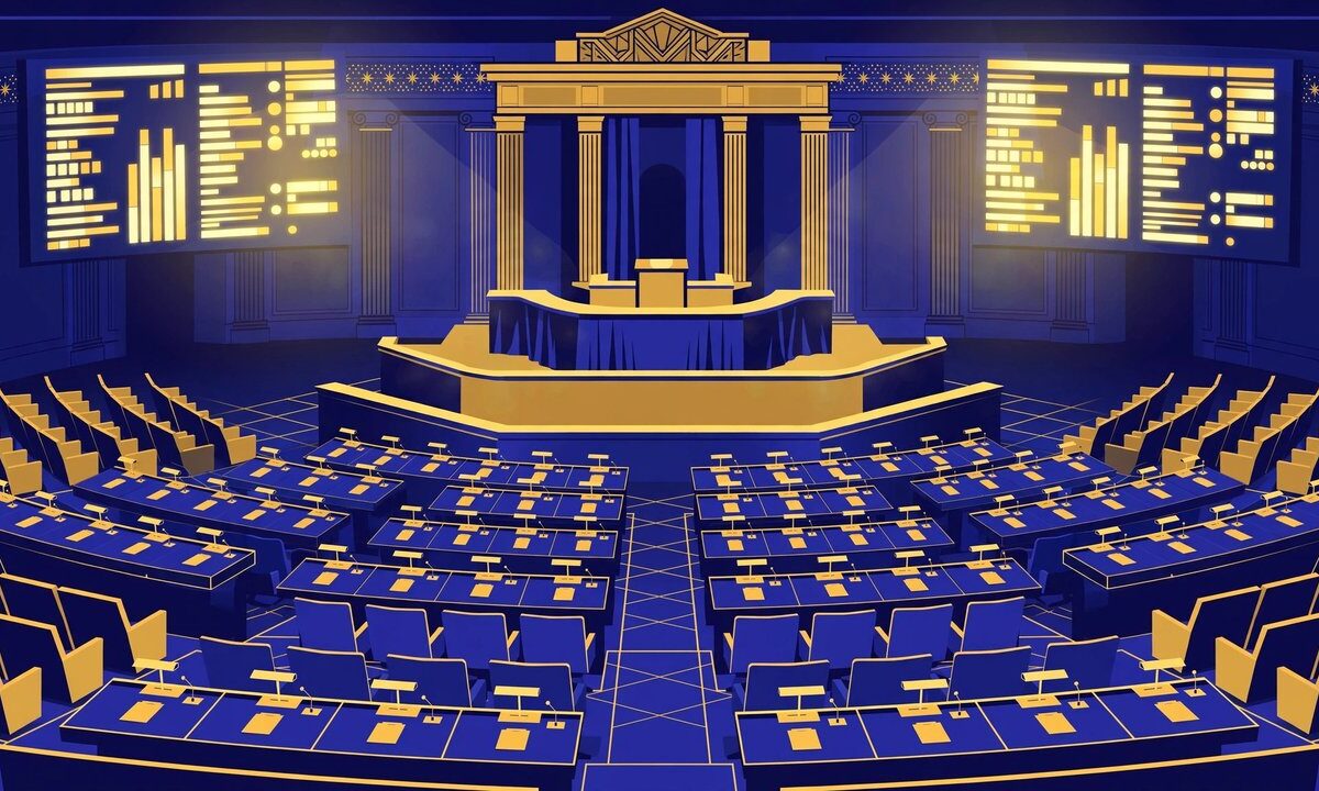 Editorial illustration of the Senate floor with voting boards lit up