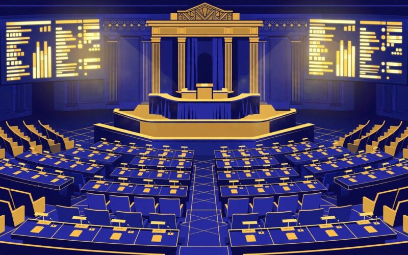 Editorial illustration of the Senate floor with voting boards lit up