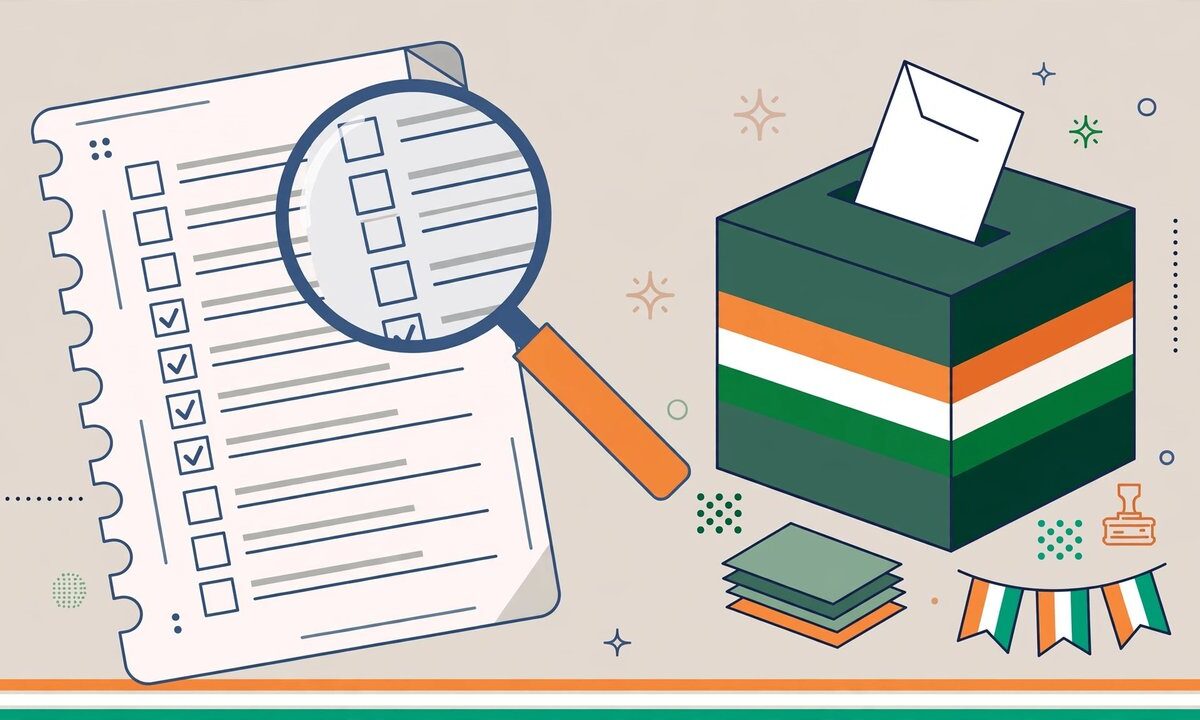 Editorial illustration of a voter roll document with a magnifying glass and ballot box
