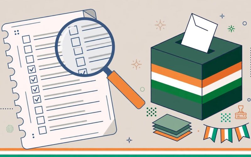 Editorial illustration of a voter roll document with a magnifying glass and ballot box