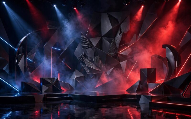 A reality show stage with dramatic spotlighting
