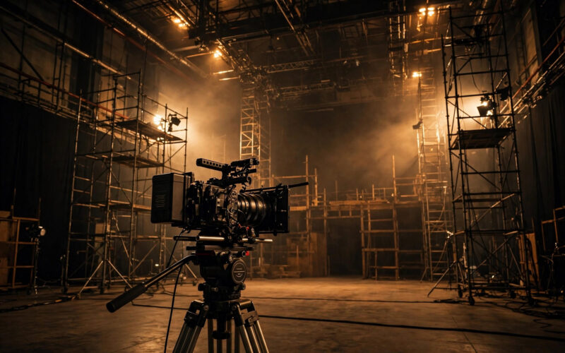 A cinema camera on a tripod in an empty film studio lit with warm dramatic lighting.