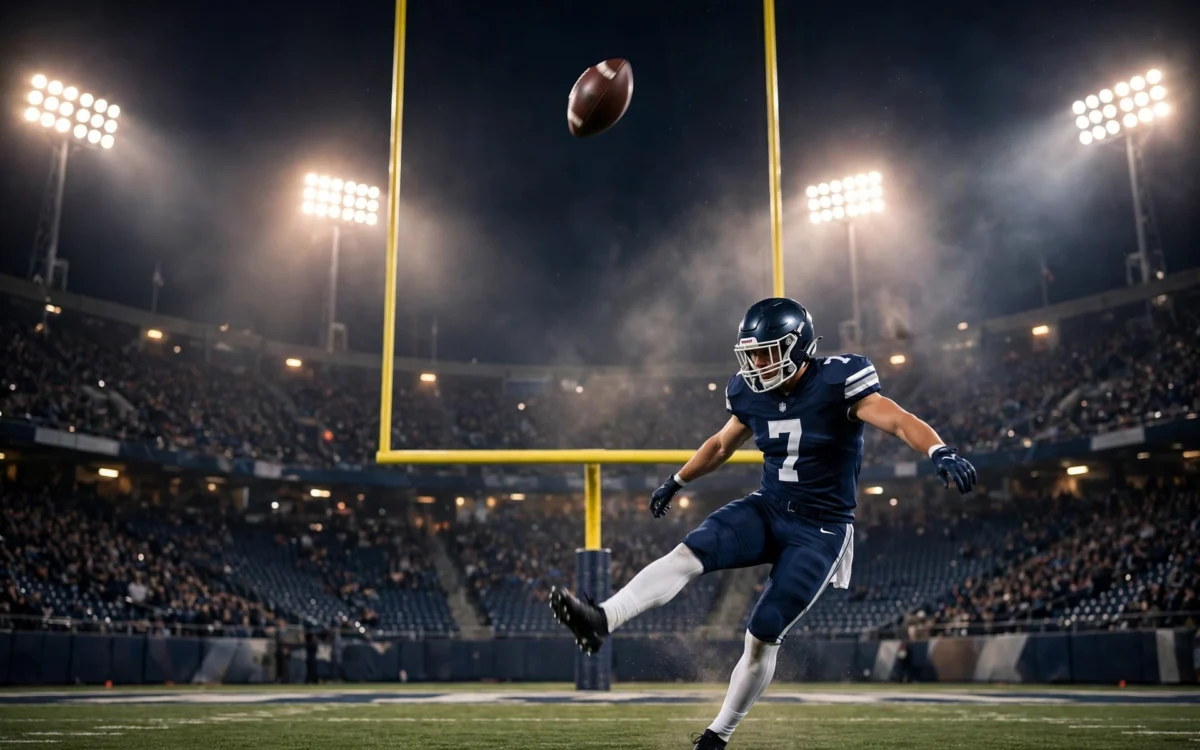 Pittsburgh Steelers kicker Chris Boswell lines up a field goal at a night game at Acrisure Stadium.