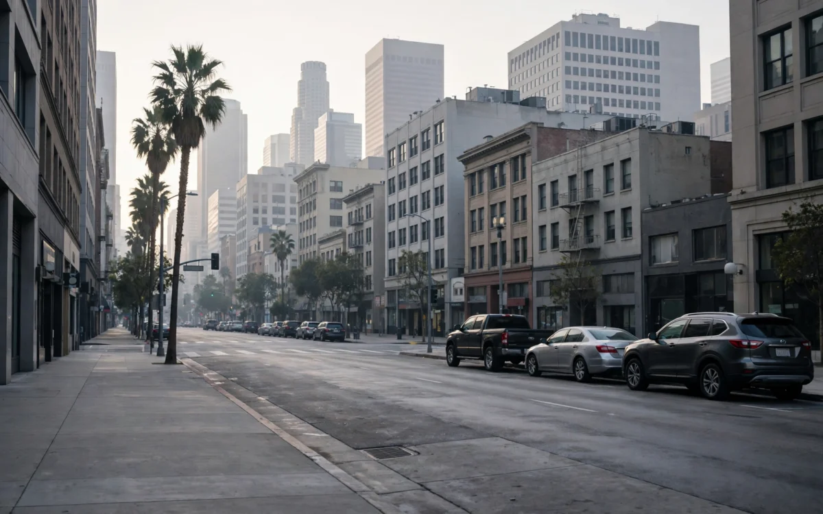 A quiet Los Angeles street in early morning light with parked vehicles along the curb; neutral illustrative scene for a Skid Row dog-rescue story.