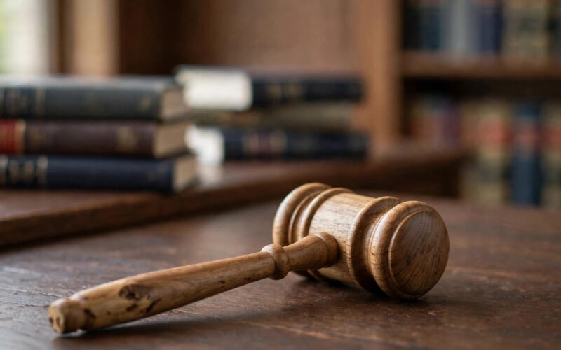 A gavel resting on a desk in a courtroom, no people.