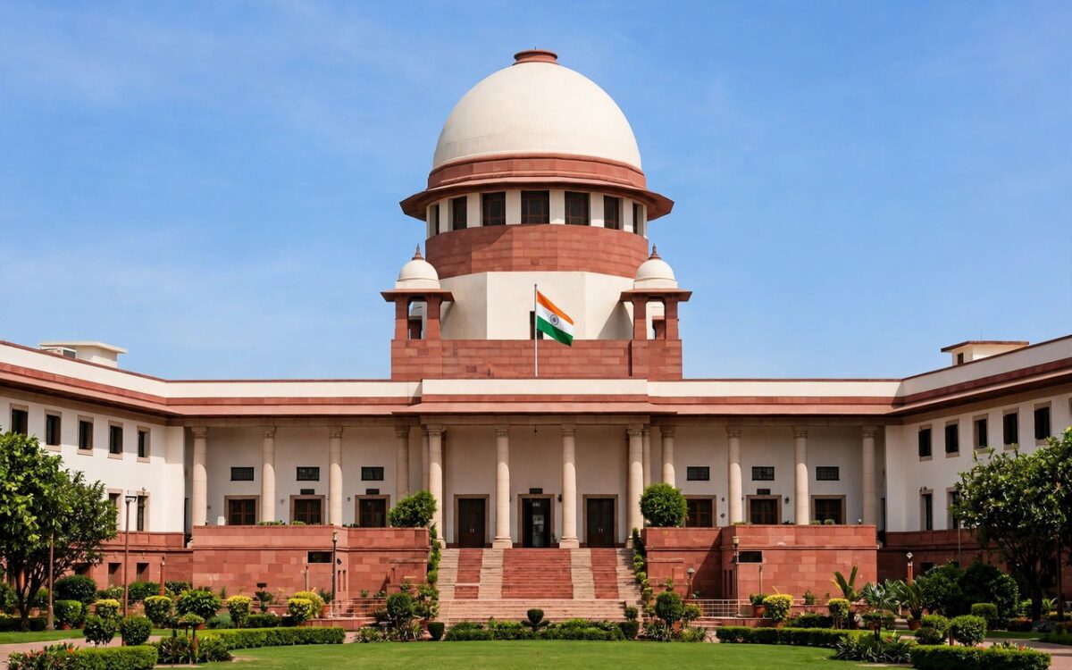 The Supreme Court of India building with the Indian flag flying above