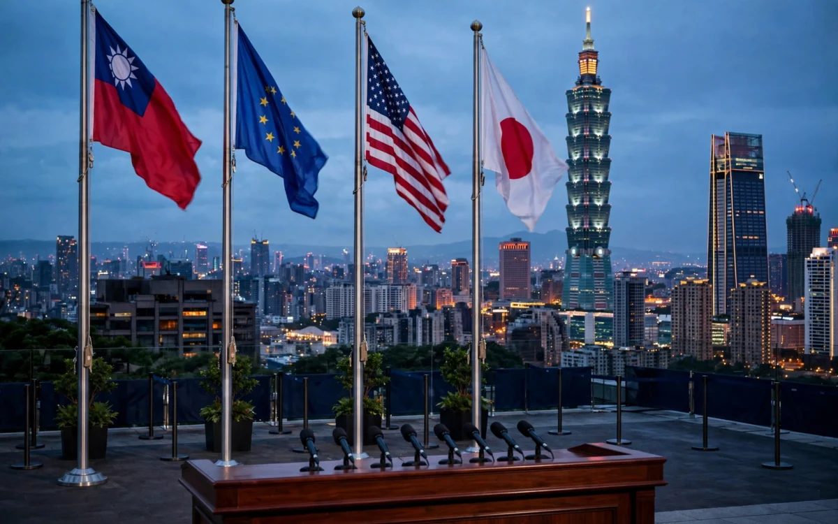 Flags of Taiwan, China and the United States shown alongside a historic summit photo display.