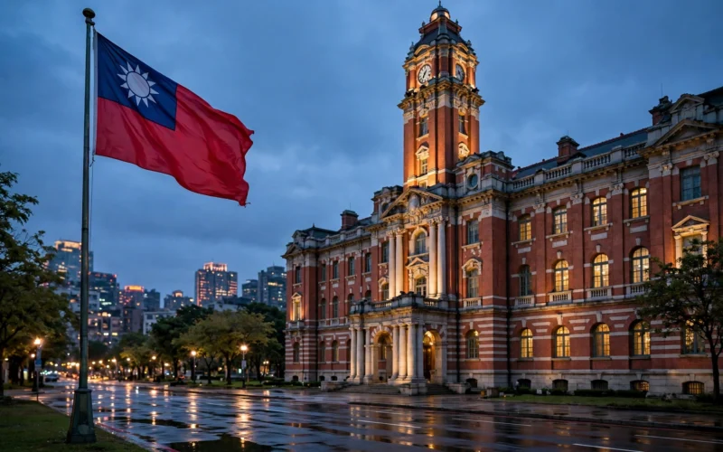 Taiwan's flag flying in front of a government building in Taipei