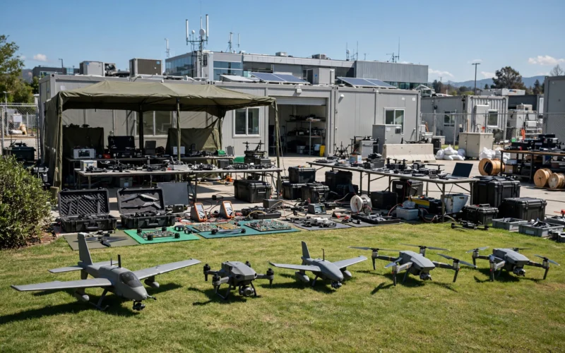 A wide aerial-style view of a modern drone development complex with small military drones displayed outdoors, conveying Taiwan's defense drone programme.