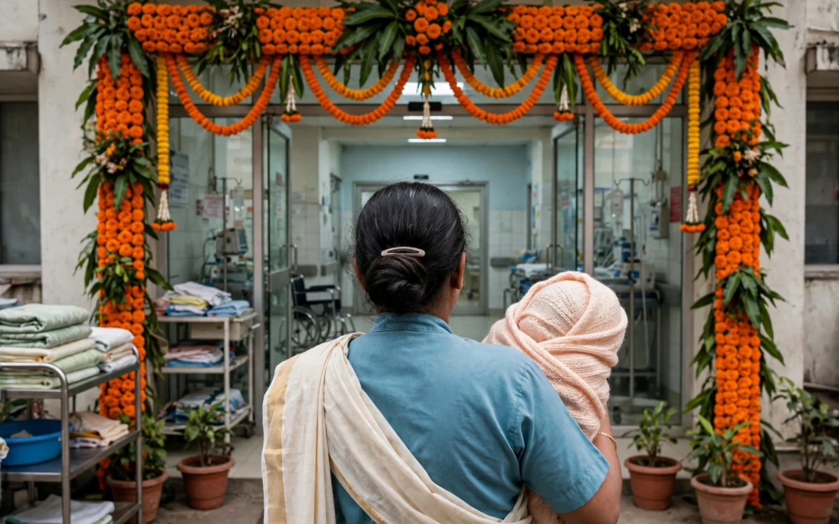 A photorealistic image of a hospital maternity ward entrance in India with a festive decorative arch, and a nurse's gloved hand holding a small gift box from a distance, soft daylight.