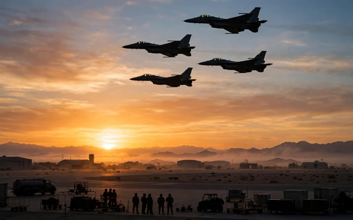 Fighter jets flying in formation over a desert airfield at sunrise, with ground crew silhouettes below.