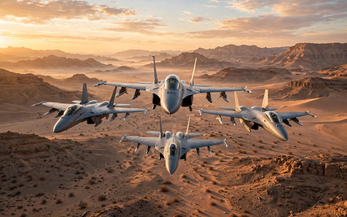 Fighter jets flying in formation over a desert landscape at sunrise