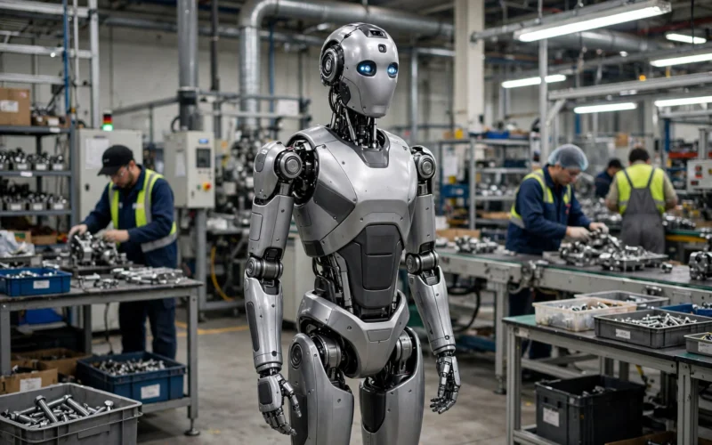 Humanoid robot on a factory production line