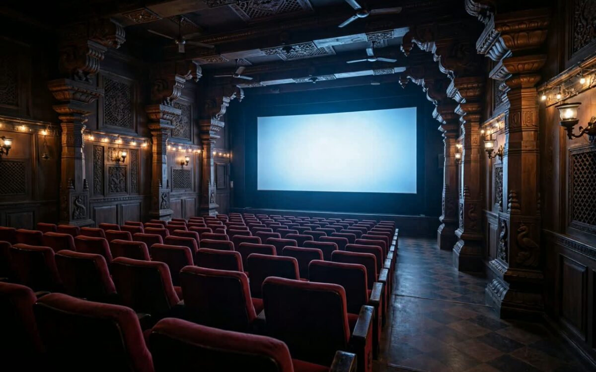 South Indian film poster wall with dramatic lighting