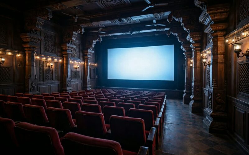 South Indian film poster wall with dramatic lighting