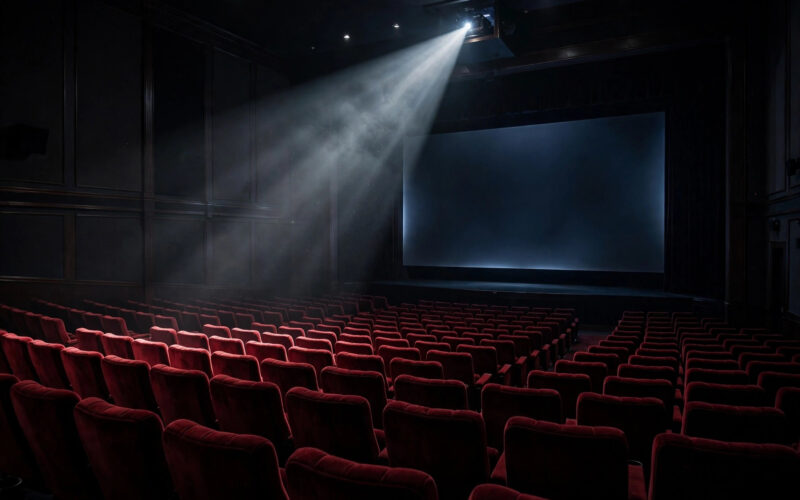 An empty cinema auditorium with red seats and a glowing projector beam aimed at a dark screen.