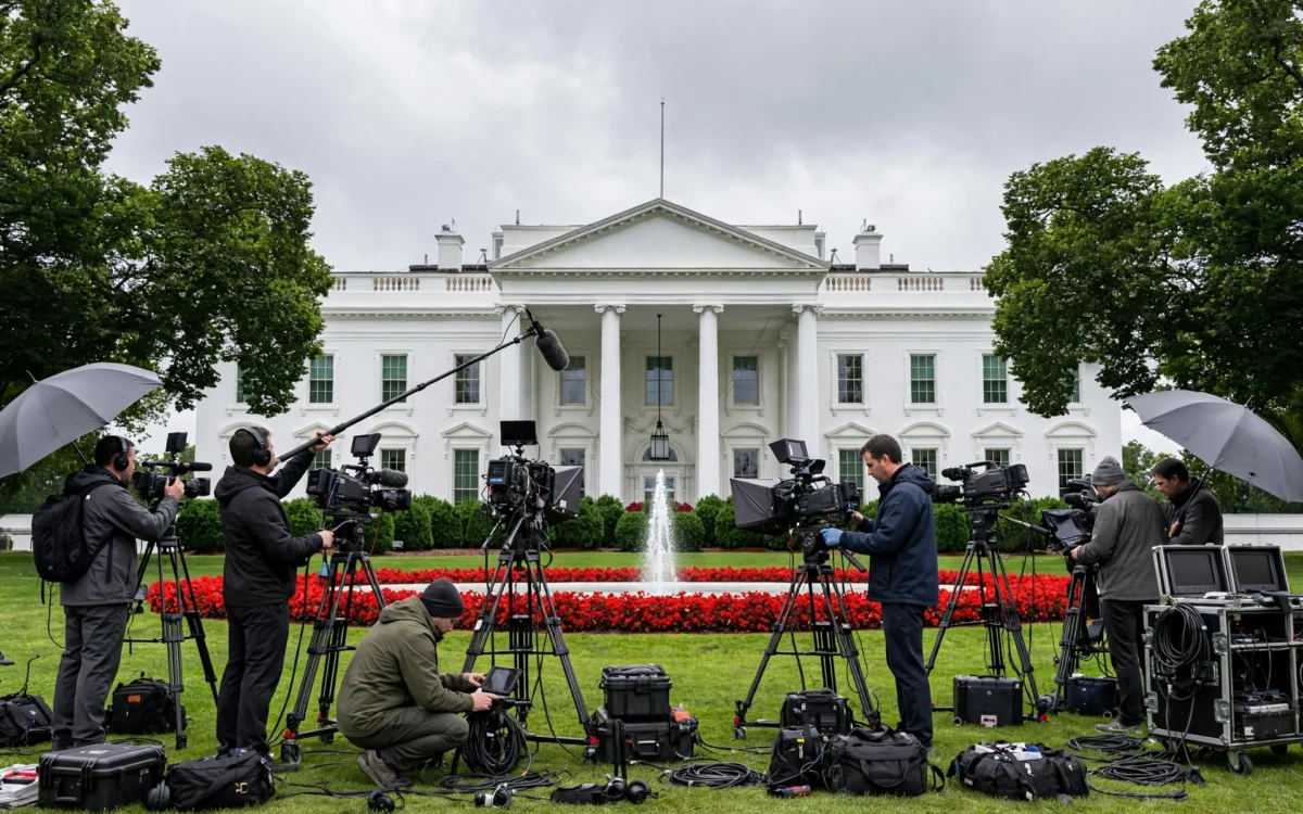 News cameras and press crews gathered outside the White House in Washington DC