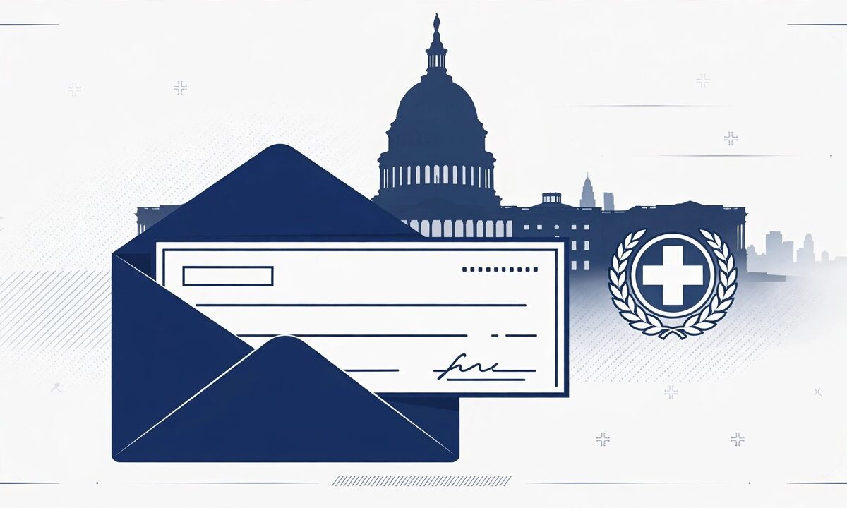 Editorial illustration of a refund cheque envelope with the US Capitol in background