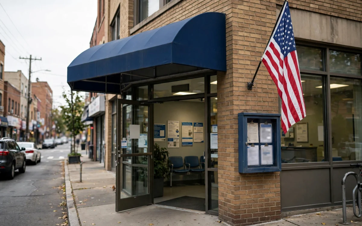 An anonymous American city street with a healthcare clinic entrance and a U.S. flag motif nearby, illustrating federal health policy affecting Affordable Care Act coverage.