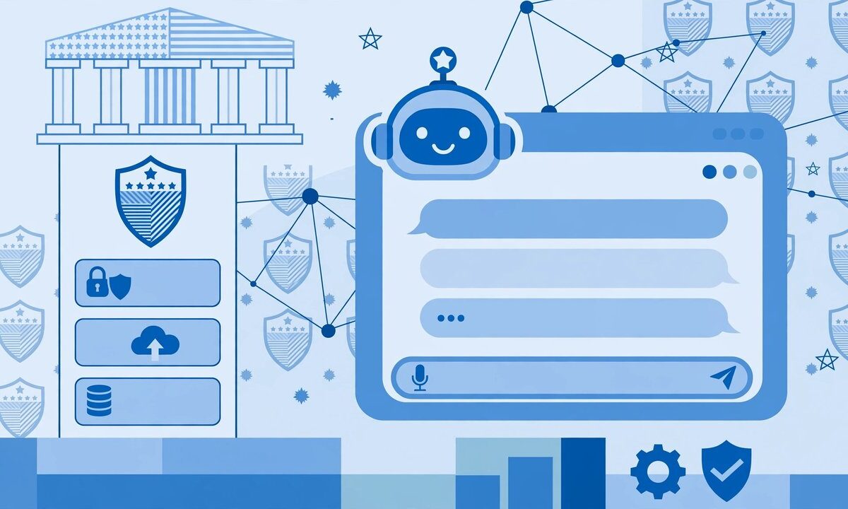 Editorial illustration of a government portal with a friendly chatbot window and stars and stripes motif