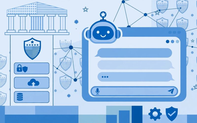 Editorial illustration of a government portal with a friendly chatbot window and stars and stripes motif