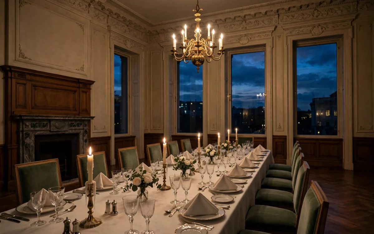 An elegant empty formal dining room set for a private dinner, with candles, fine tableware and chandelier light.