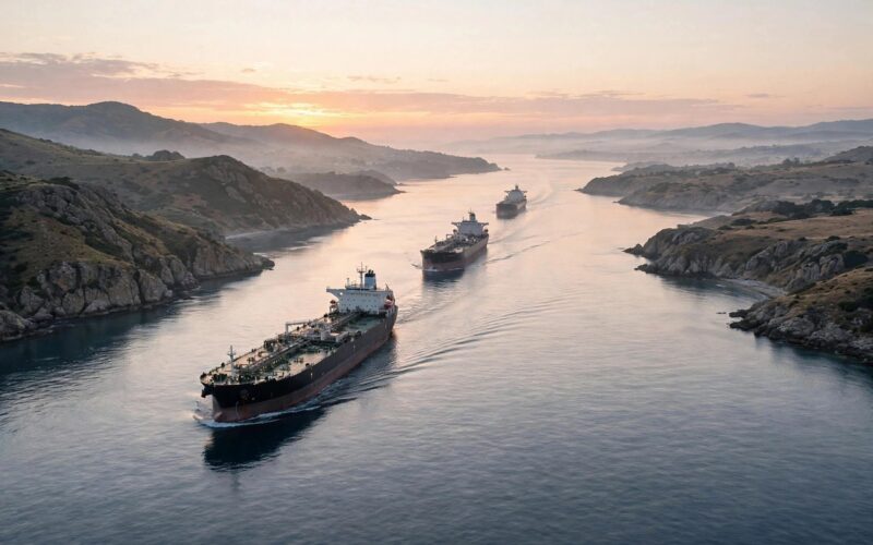 Oil tankers sailing through a narrow strait at sunrise