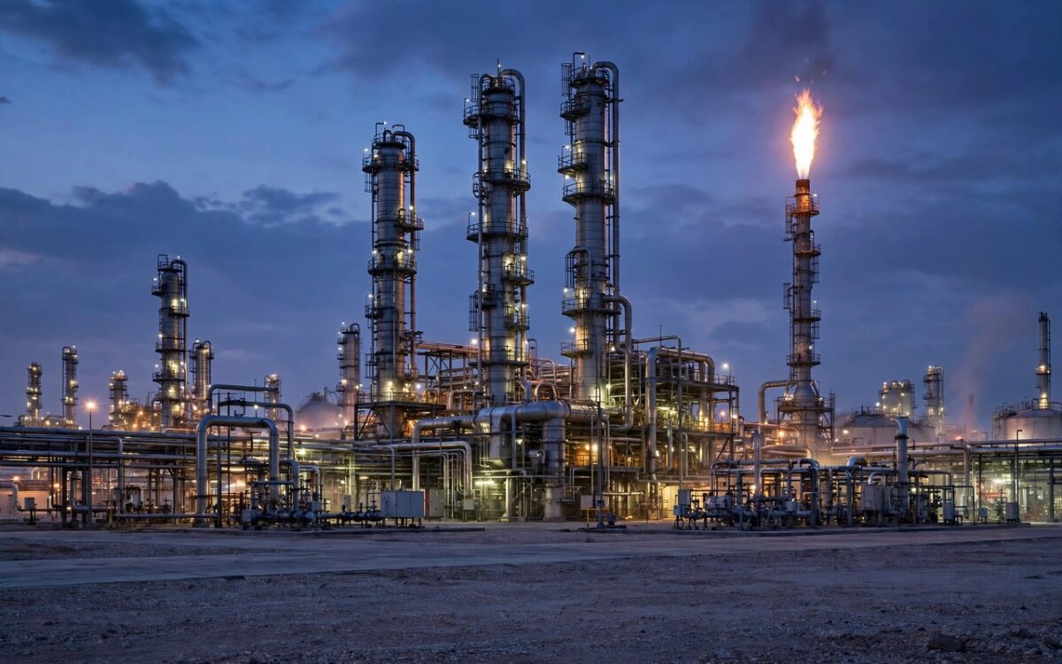 Oil refinery towers with distillation columns at dusk