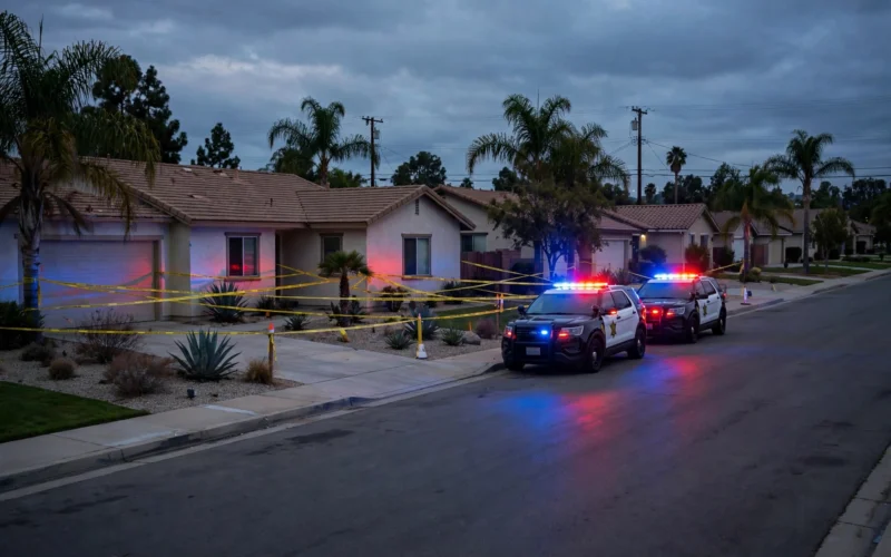 A suburban California street with sheriff's patrol cars parked near a cordoned-off home.