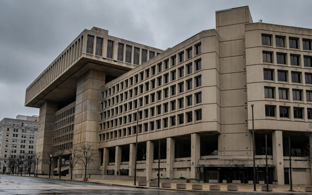 The concrete exterior of the FBI headquarters building in Washington DC under an overcast sky, with an empty sidewalk in front.