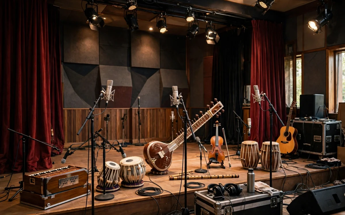 Music studio equipment set up for a Bollywood film song recording.