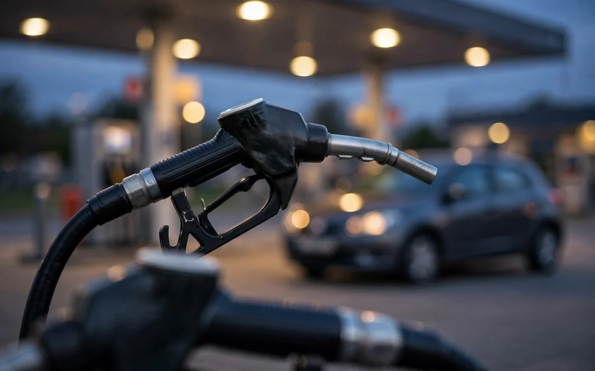 A close-up of a fuel pump nozzle at a British petrol station at dusk, with a blurred car in the background.