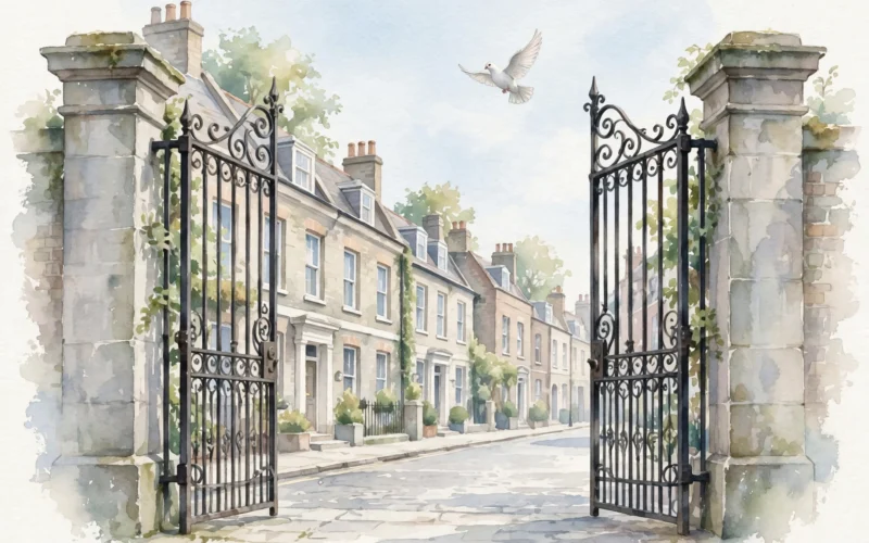 Illustration of open gates and a dove symbolising UK refugee routes