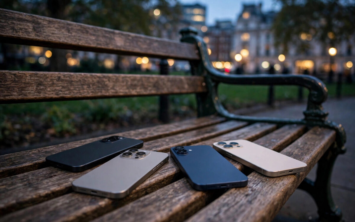 Modern smartphones lying face down on a park bench in London, representing the under-16 social media ban.