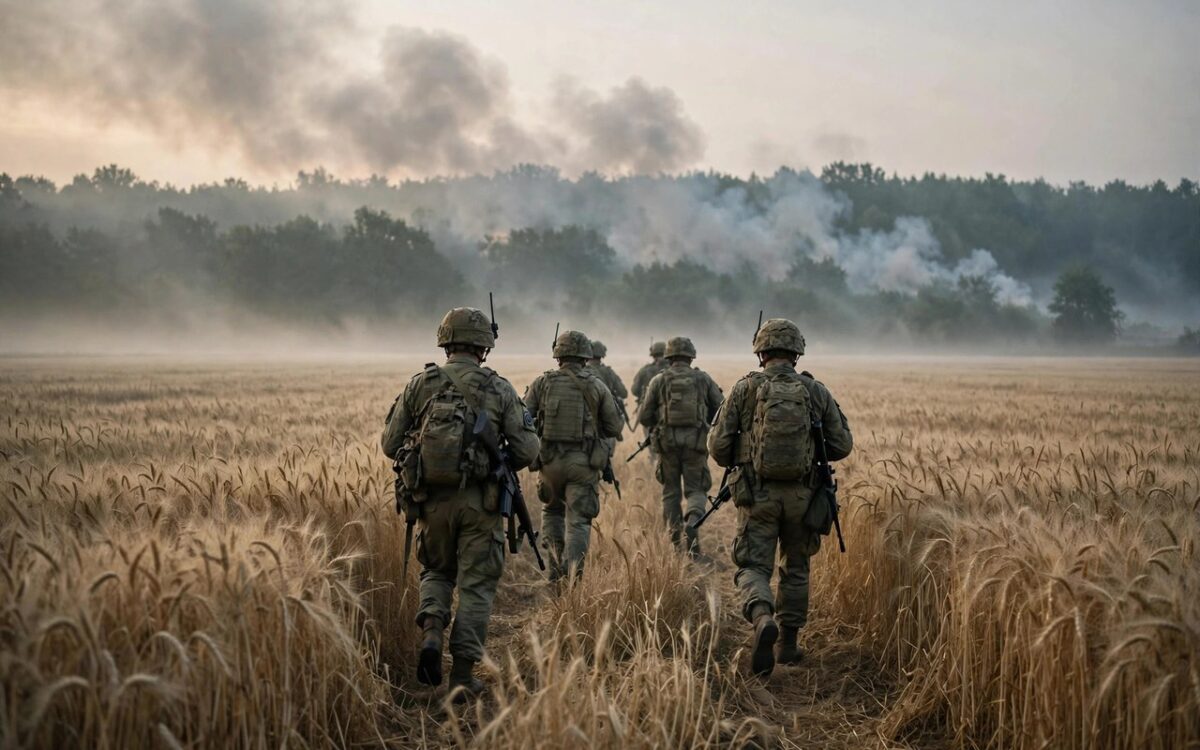 Ukrainian soldiers advancing across an open battlefield with drifting smoke