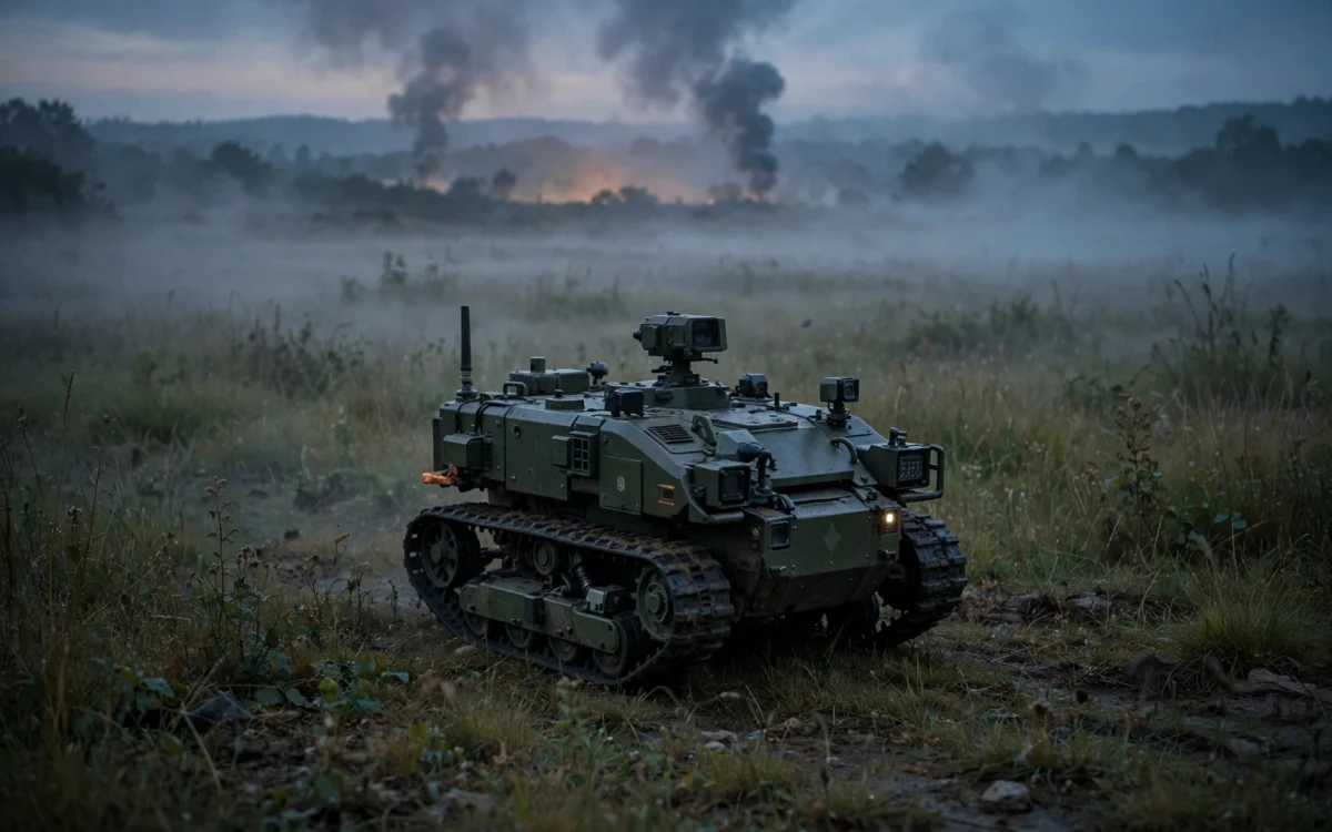 Tracked military ground robot in a field