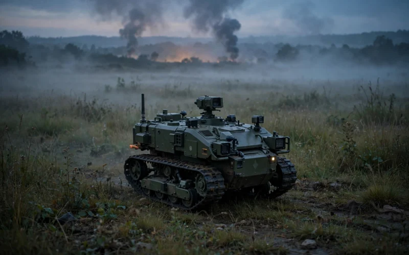Tracked military ground robot in a field