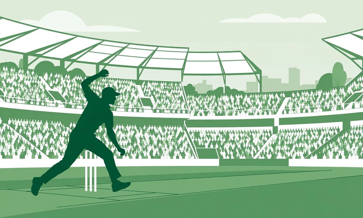 Editorial illustration of a fast bowler delivering a cricket ball in a stadium