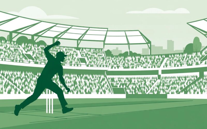 Editorial illustration of a fast bowler delivering a cricket ball in a stadium