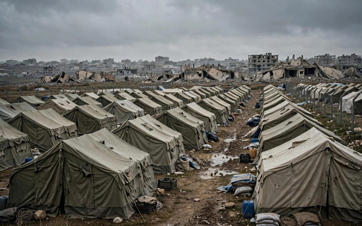 Rows of tents in a displacement camp under a grey sky with distant damaged buildings