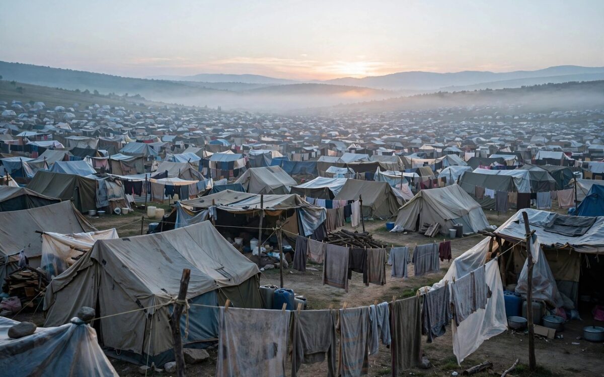Tents and shelters in an overcrowded displaced-persons camp at dawn