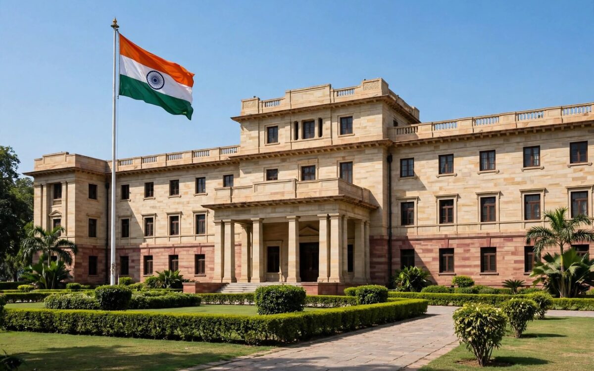 A government office building with the Indian flag in front