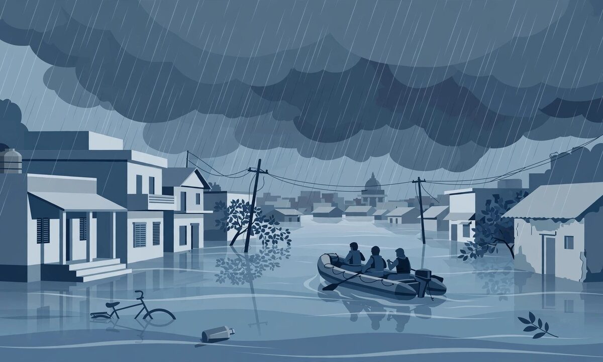 Editorial illustration of flooded streets in Uttar Pradesh with rescue boats under heavy rain