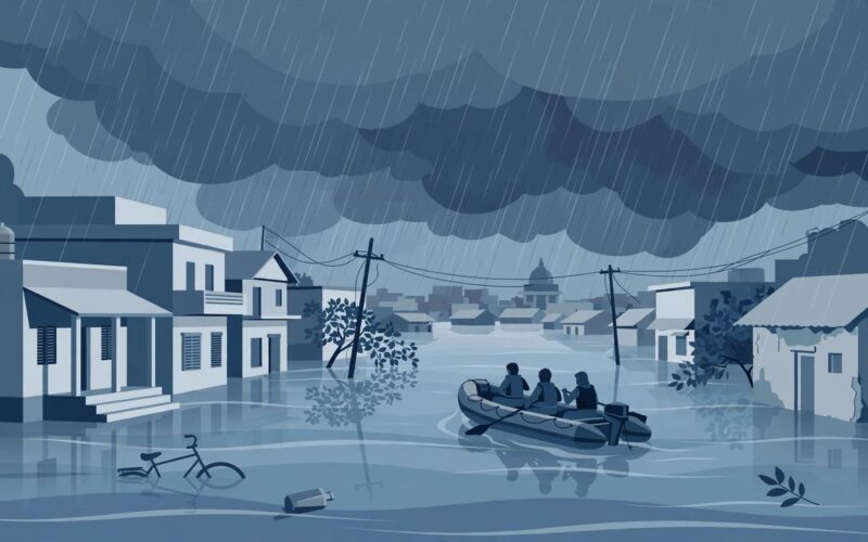 Editorial illustration of flooded streets in Uttar Pradesh with rescue boats under heavy rain