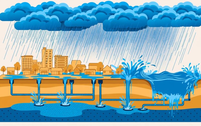 Explainer illustration of extreme monsoon rainfall overwhelming a city's drainage