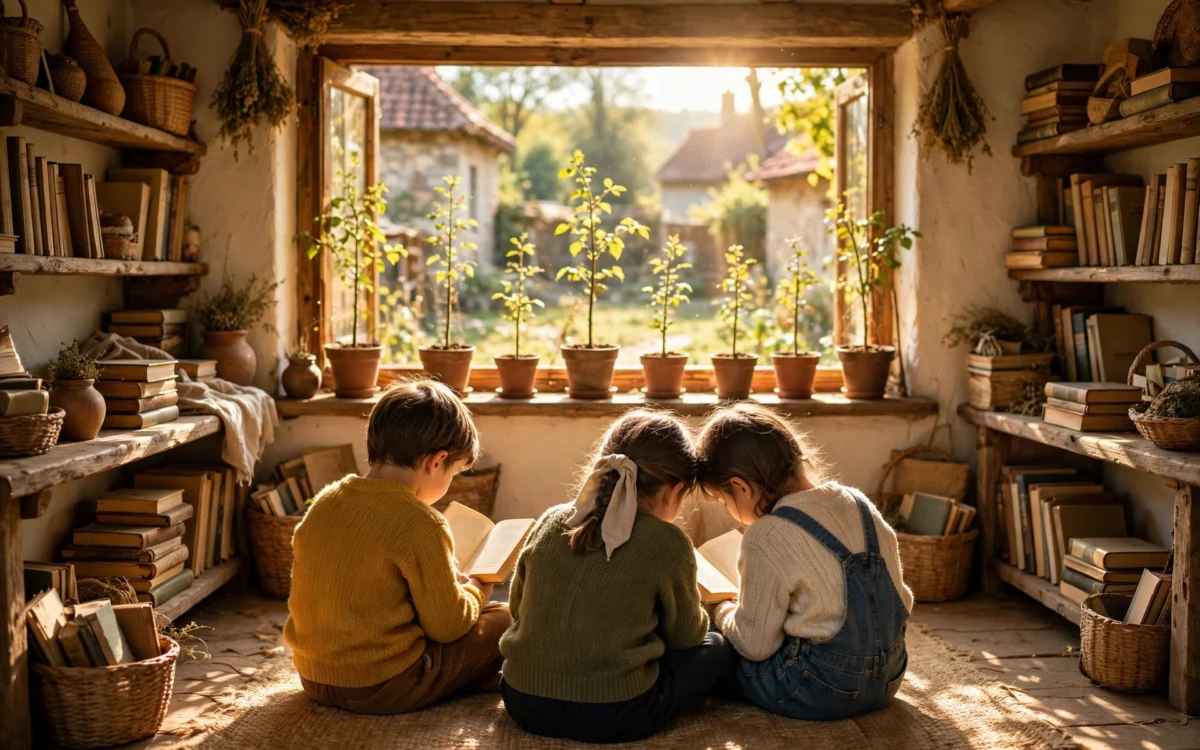 Children reading in a village library
