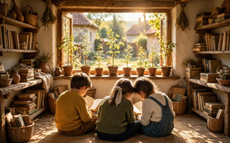 Children reading in a village library