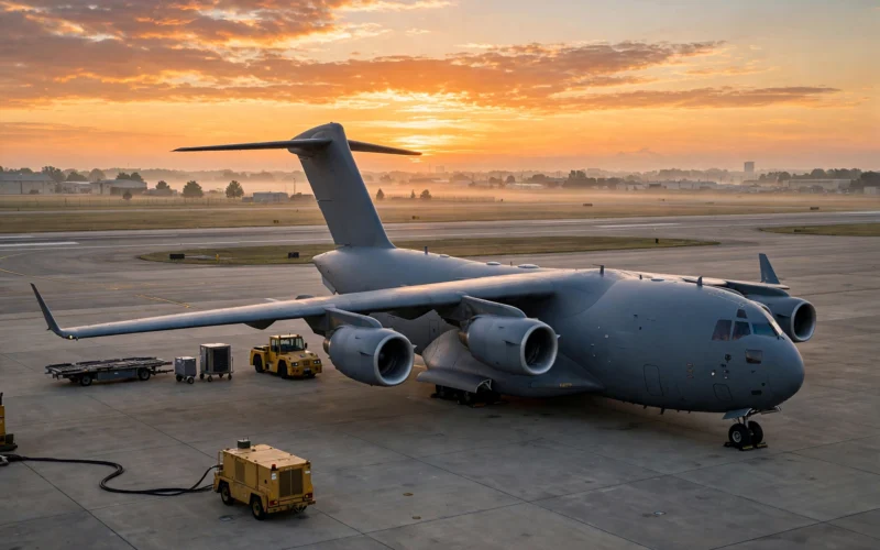US military transport aircraft parked on an airbase tarmac at dawn with ground support equipment nearby.