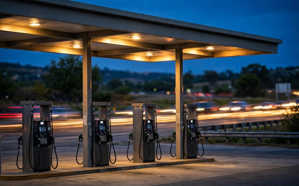 An American highway gas station at dusk with fuel pumps under a glowing canopy and blurred traffic behind.