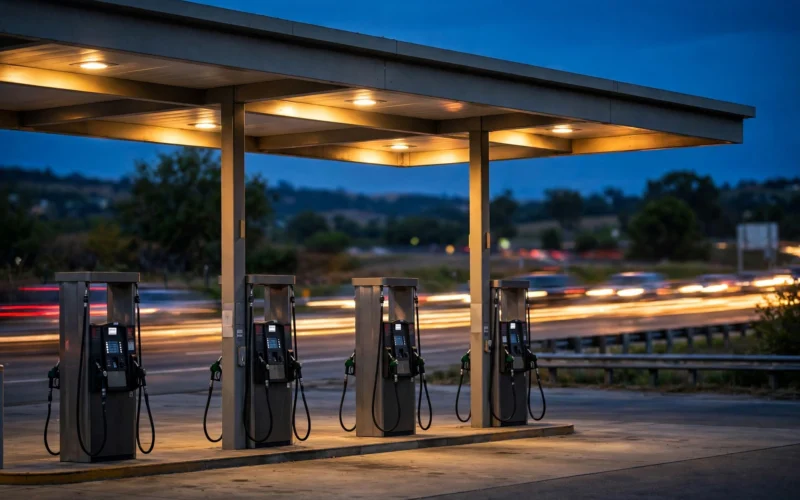 An American highway gas station at dusk with fuel pumps under a glowing canopy and blurred traffic behind.